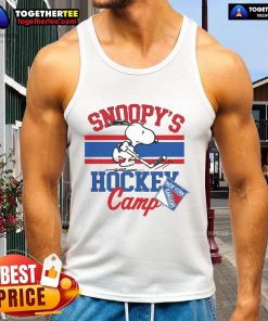 Good Snoopy New York Rangers tank top featuring Snoopy at hockey camp, perfect for NHL fans and summer sportswear.