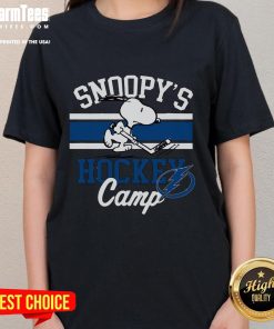 Good Snoopy Tampa Bay Lightning hockey camp tee for ladies featuring Snoopy and NHL team graphics.