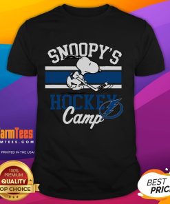 Alt Text: Good Snoopy Tampa Bay Lightning hockey camp t-shirt featuring Snoopy and NHL team logos for all teams.