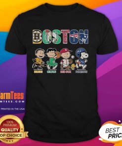 Alt Text: Good Snoopy The Peanuts T-Shirt featuring Boston Bruins, Celtics, Red Sox, and Patriots logos in vibrant colors.