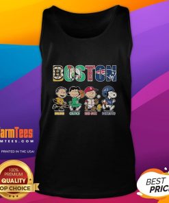Good Snoopy tank top featuring Boston Bruins, Celtics, Red Sox, and Patriots logos for sports fans and Peanuts lovers.