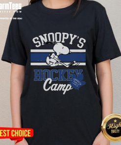 Good Snoopy Toronto Maple Leafs tee for ladies featuring Snoopy at hockey camp with NHL team logos.