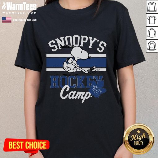 Good Snoopy Toronto Maple Leafs tee for ladies featuring Snoopy at hockey camp with NHL team logos.