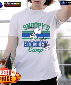 Alt Text: Good Snoopy Vancouver Canucks T-Shirt featuring Snoopy at hockey camp, celebrating NHL teams in a fun design.