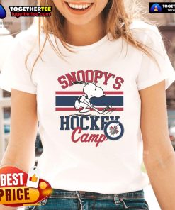 Good Snoopy Winnipeg Jets hockey camp tee for ladies featuring Snoopy and NHL all teams graphic design.