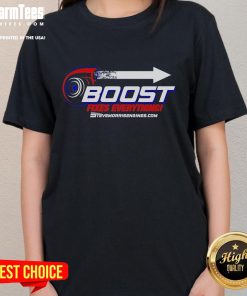Good Steve Morris Engines Boost Fixes Everything Ladies Tee showcasing a stylish design for automotive enthusiasts.