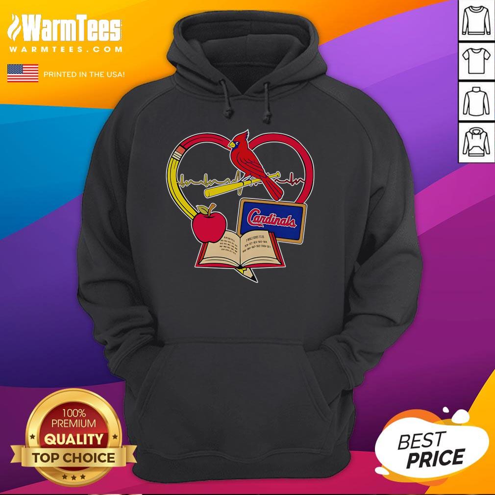 Good Teacher Pencil Apple Heart St Louis Cardinals Hoodie Alt Text: Good teacher pencil and apple heart design on St. Louis Cardinals hoodie, perfect for fans and educators.