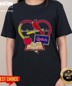 Alt Text: Good Teacher Pencil Apple Heart design on St. Louis Cardinals Ladies Tee for fans and educators.