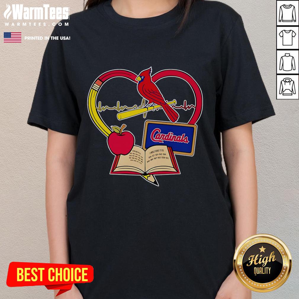 Good Teacher Pencil Apple Heart St Louis Cardinals Ladies Tee Alt Text: Good Teacher Pencil Apple Heart design on St. Louis Cardinals Ladies Tee for fans and educators.