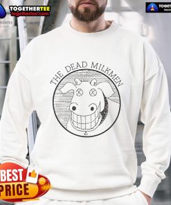 Alt Text: Chris Pratt wearing a Good The Electric State sweatshirt featuring The Dead Milkmen cow logo, stylish and trendy.