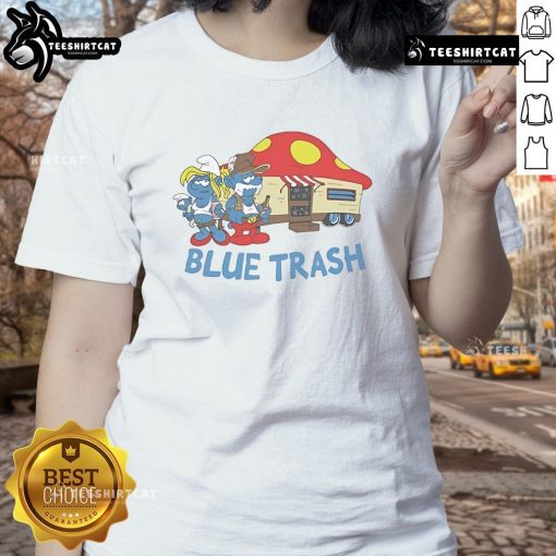 Alt Text: Good The Smurfs Blue Trash Ladies Tee featuring vibrant Smurfs graphic on a stylish blue shirt for fans.