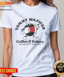 Good Tommy Hilfiger Coffee Bakery Ladies Tee, stylish design celebrating NYC's iconic cafe culture since 1985.