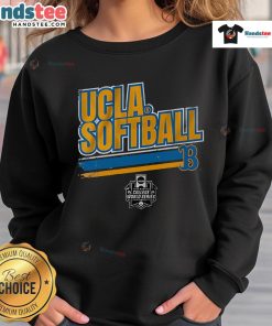 Alt Text: Women's UCLA Softball College World Series stripe sweatshirt in blue and gold, perfect for fans and athletes.