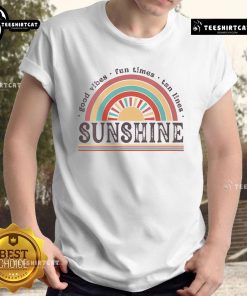 Good Vibe Fun Times Tan Lines Sunshine T-Shirt displayed on a wooden background, perfect for summer outings and beach days.