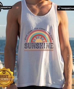 Good Vibe Fun Times tank top featuring vibrant colors, perfect for summer days and showcasing sun-kissed tan lines.