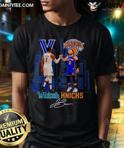 Jalen Brunson wearing a Good Wildcats Villanova New York Knicks T-shirt, showcasing team spirit and style.
