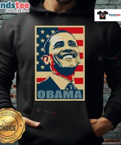 Happy Barack Obama in a hoodie with the American flag, representing the 44th President and Democrat values.