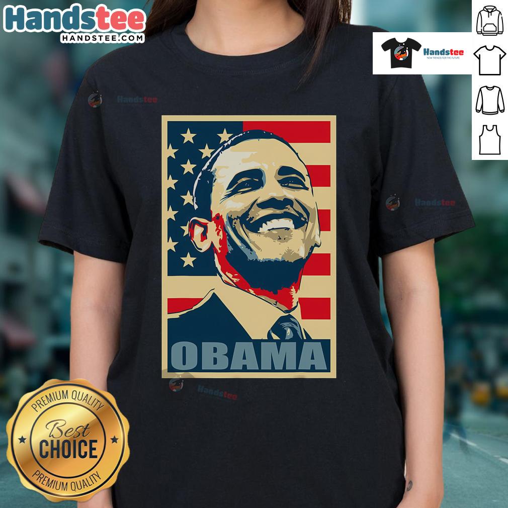 Happy Barack Obama President 44 American Flag Democrat Ladies Tee Alt Text: Happy Barack Obama, 44th President, wearing a ladies tee with American flag, representing Democrat pride.