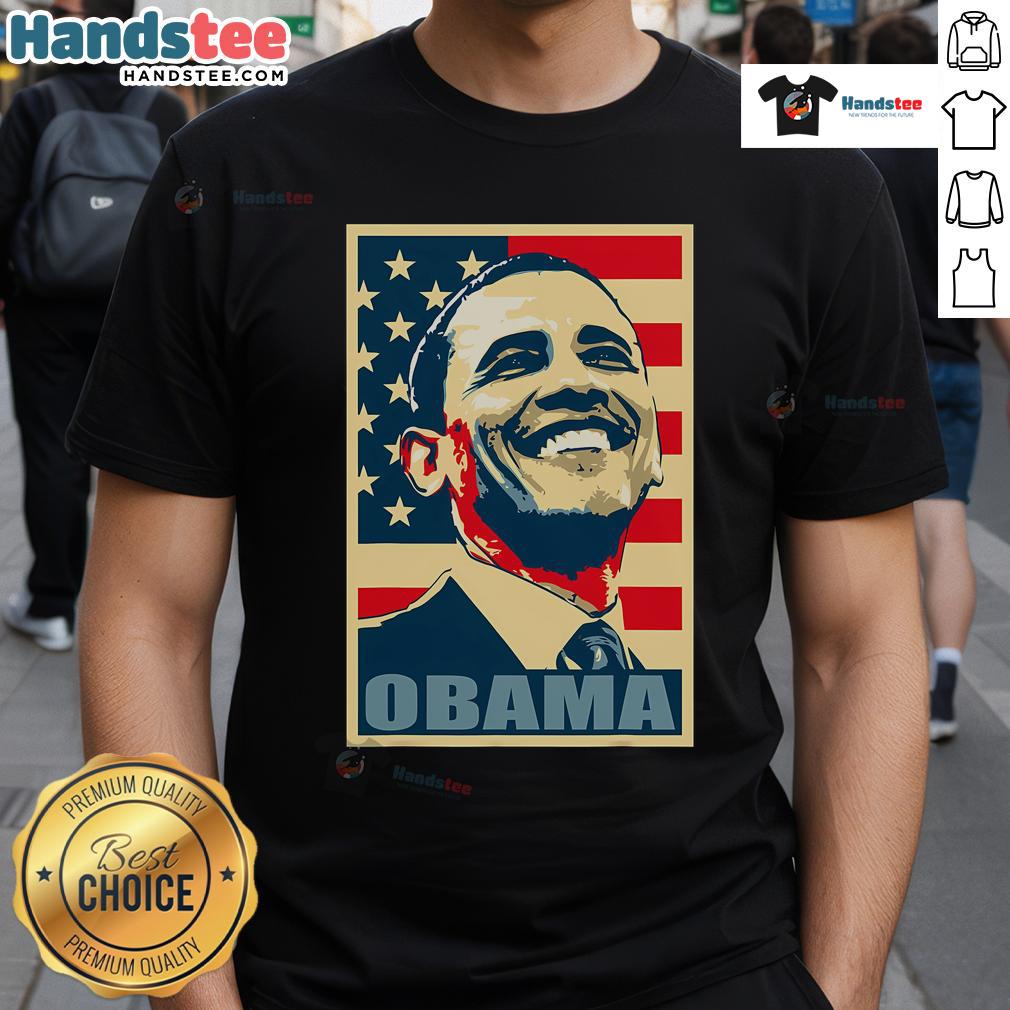 Happy Barack Obama President 44 American Flag Democrat T Shirt Happy Barack Obama wearing a 44th President t-shirt with an American flag, showcasing his Democrat pride.