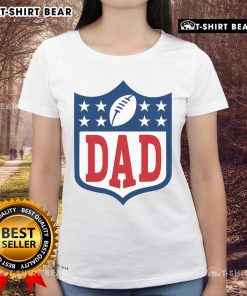 Happy dad wearing an American football ladies tee, celebrating with family at a game, showcasing team spirit and joy.