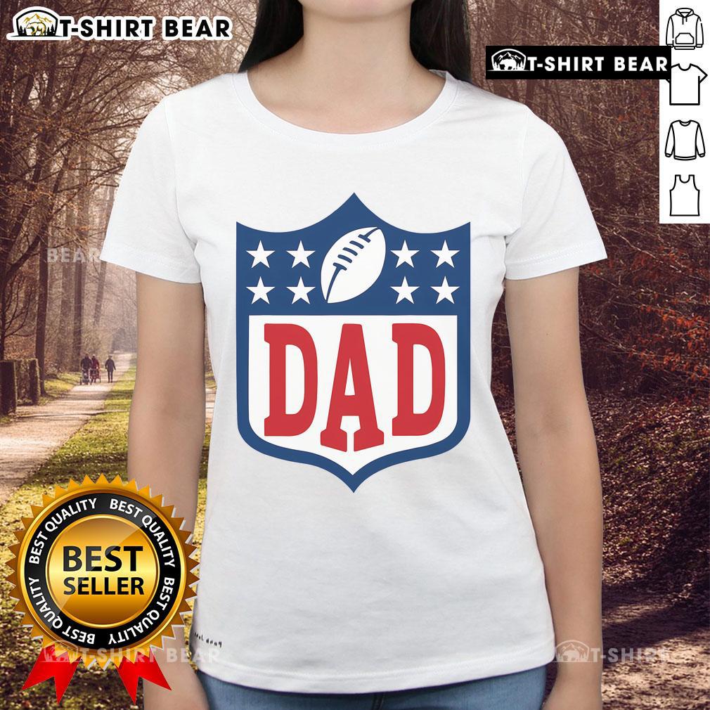 Happy Dad American Football Ladies Tee Happy dad wearing an American football ladies tee, celebrating with family at a game, showcasing team spirit and joy.