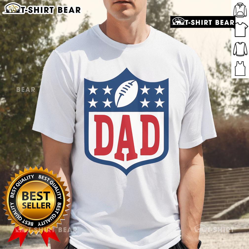 Happy Dad American Football T Shirt Happy dad wearing an American football t-shirt, showcasing team spirit and love for the game, perfect for sports enthusiasts.