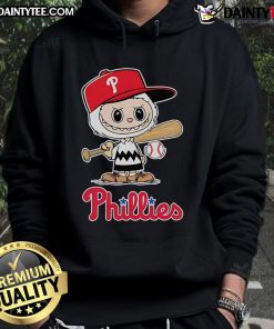 Alt Text: Happy Labubu wearing a Philadelphia Phillies baseball hoodie, showcasing team spirit and style.