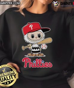 Happy Labubu Philadelphia Phillies baseball sweatshirt featuring vibrant team colors and a cozy design for fans.
