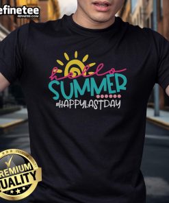 Happy Last Day of School T-Shirt featuring teacher and student celebrating summer break with vibrant colors and fun graphics.