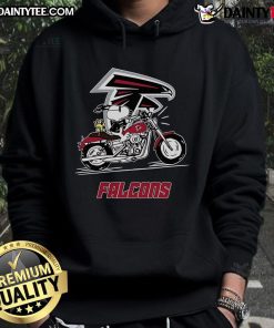 Happy Snoopy and Woodstock riding a motorbike, wearing Atlanta Falcons hoodie, cheerful and fun illustration.