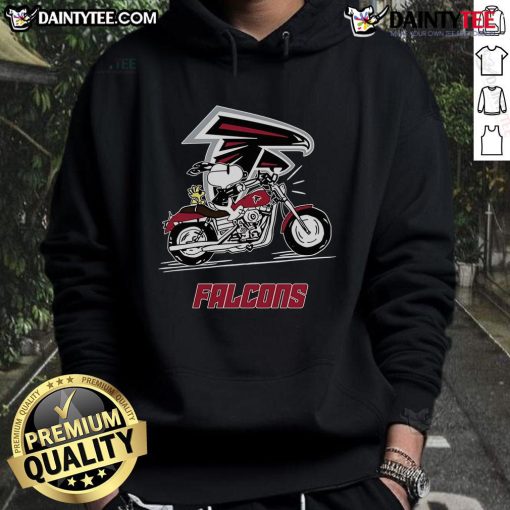Happy Snoopy and Woodstock riding a motorbike, wearing Atlanta Falcons hoodie, cheerful and fun illustration.