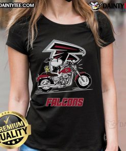 Alt Text: Happy Snoopy and Woodstock riding a motorbike in Atlanta Falcons ladies' tee design, perfect for fans.