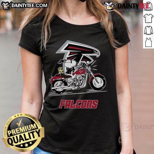 Alt Text: Happy Snoopy and Woodstock riding a motorbike in Atlanta Falcons ladies' tee design, perfect for fans.