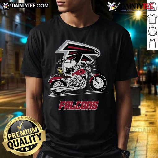 Happy Snoopy and Woodstock riding a motorbike on an Atlanta Falcons T-Shirt, perfect for fans and collectors.