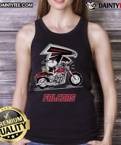 Alt Text: Happy Snoopy and Woodstock riding a motorbike, wearing an Atlanta Falcons tank top, showcasing team spirit and fun.
