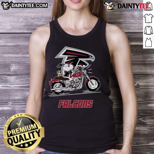 Alt Text: Happy Snoopy and Woodstock riding a motorbike, wearing an Atlanta Falcons tank top, showcasing team spirit and fun.