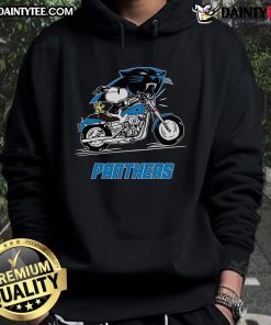 Happy Snoopy and Woodstock driving motorbike in Carolina Panthers hoodie, showcasing fun and team spirit.