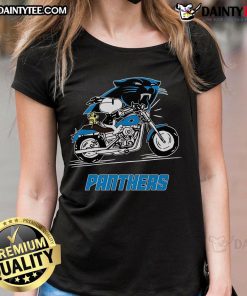 Alt Text: Happy Snoopy and Woodstock riding a motorbike on a Carolina Panthers ladies tee, perfect for fans and casual wear.