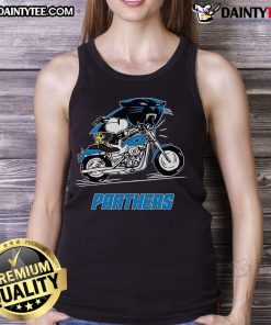 Happy Snoopy and Woodstock riding a motorbike in a Carolina Panthers tank top, showcasing a fun and playful vibe.