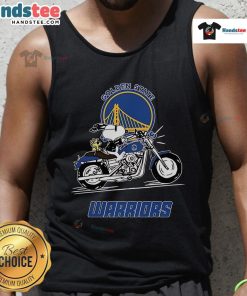 Happy Snoopy and Woodstock riding a motorbike in a Golden State Warriors tank top, showcasing fun and fandom.