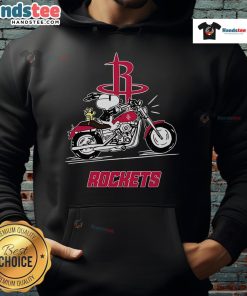 Snoopy and Woodstock joyfully riding a motorbike in a Houston Rockets hoodie, showcasing fun and team spirit.