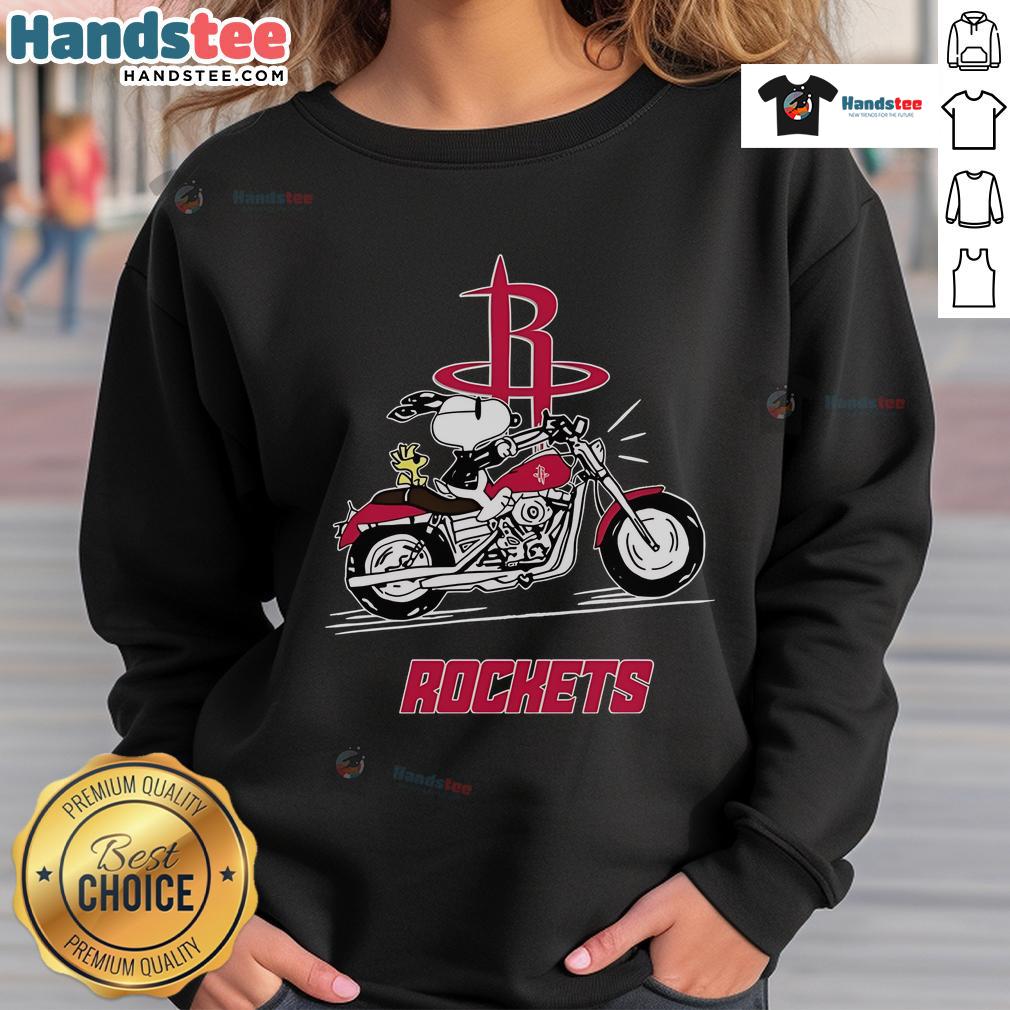Happy Snoopy And Woodstock Driving Motorbike Houston Rockets Sweatshirt Happy Snoopy and Woodstock driving a motorbike on a Houston Rockets sweatshirt, showcasing vibrant colors and fun design.