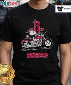 Alt Text: Happy Snoopy and Woodstock riding a motorbike on a Houston Rockets T-shirt design, showcasing vibrant colors and fun.