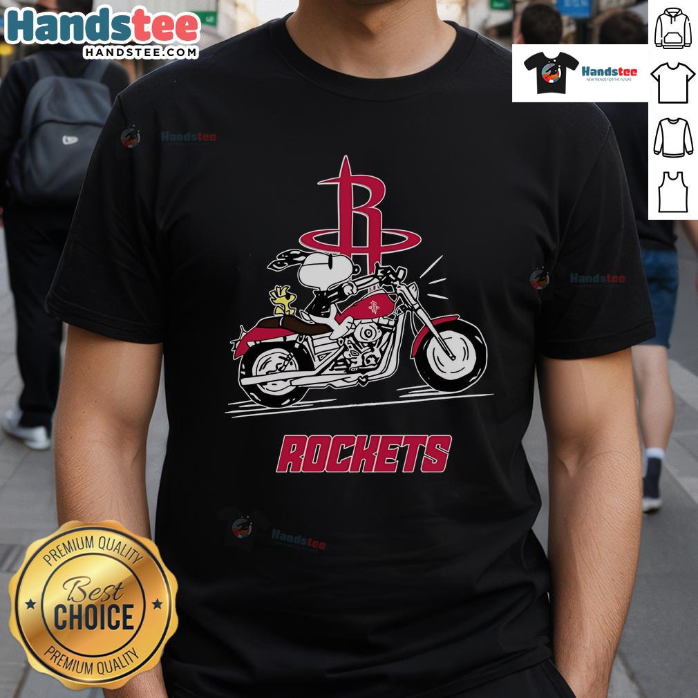 Happy Snoopy And Woodstock Driving Motorbike Houston Rockets T Shirt Alt Text: Happy Snoopy and Woodstock riding a motorbike on a Houston Rockets T-shirt design, showcasing vibrant colors and fun.