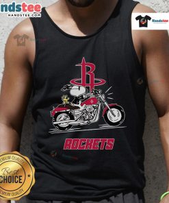 Alt Text: Happy Snoopy and Woodstock riding a motorbike, wearing a Houston Rockets tank top, showcasing fun and friendship.