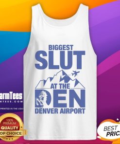 Hot woman in a tank top at Denver Airport, showcasing trendy style and confidence with the biggest smile.