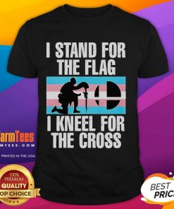 Hot I Stand For The Flag I Kneel For The Cross Trans Flag T-Shirt featuring bold text and vibrant colors, perfect for pride events.