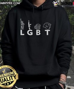 Hot LGBT Lady Liberty wearing a Trump hoodie, surrounded by guns and beer, embodying a bold patriotic spirit.