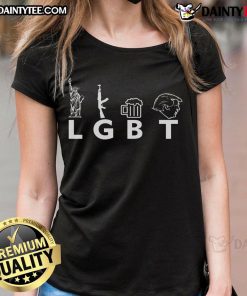 Hot LGBT Lady Liberty design featuring guns, beer, and Trump on a stylish ladies tee, perfect for bold fashion statements.