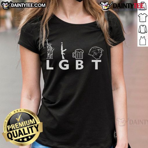 Hot LGBT Lady Liberty design featuring guns, beer, and Trump on a stylish ladies tee, perfect for bold fashion statements.